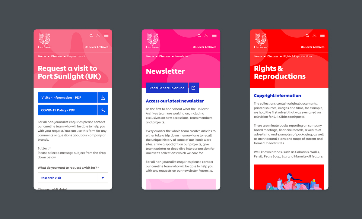 Image of Unilever Archives website on 3 mobile devices, showcasing varied, dynamic displays and clean design.